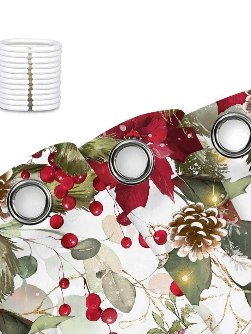 NEW Highland Cow Shower Curtain Poinsettias Holly Christmas Holiday Set w/ Hooks